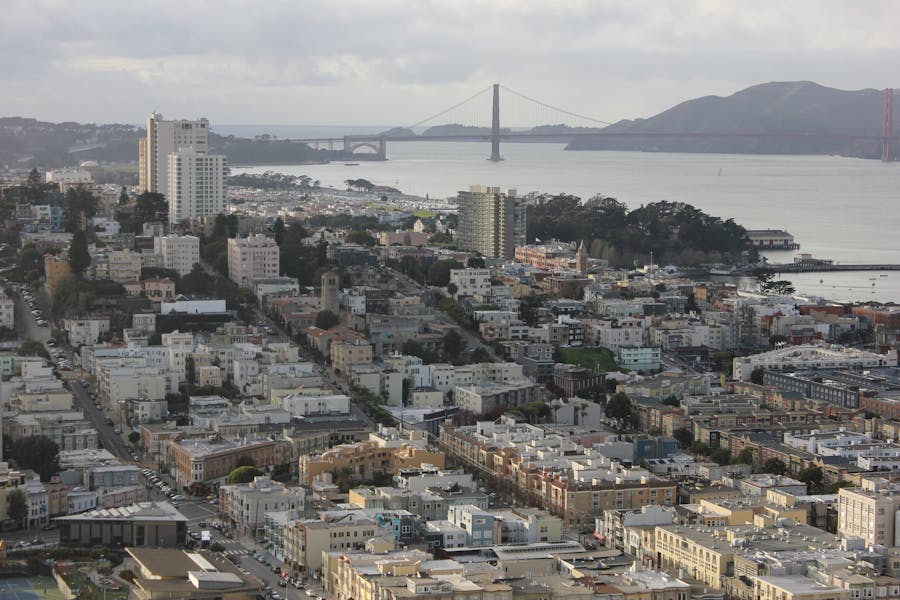 An aerial view of San Francisco, the bay, and the Golden Gate Bridge.